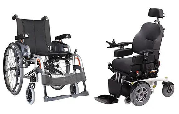 Karma Flexx configurable manual chair and Luca Qlass frontwheel drive power chair