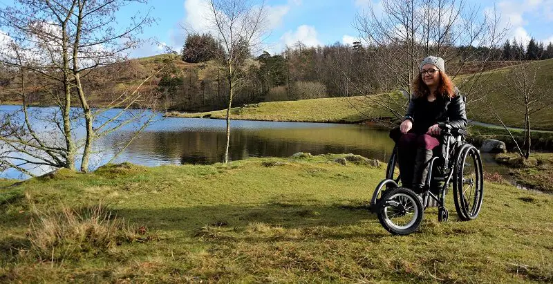 Carrie-Ann in the Lake District in her travel wheelchair