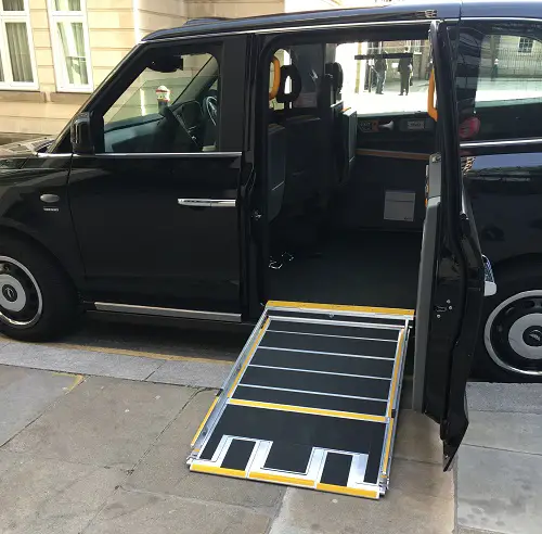 Accessible black cab with ramp out