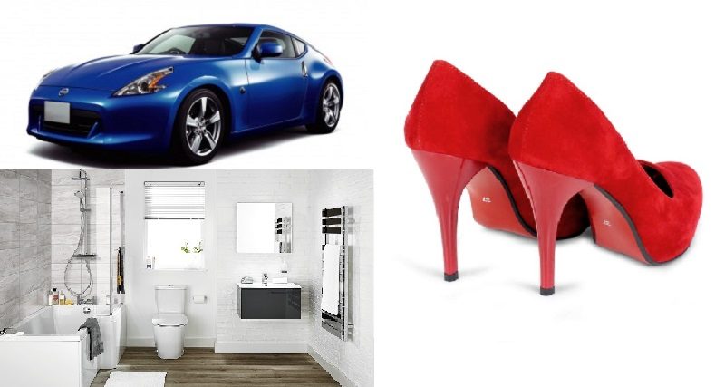 Blue car, modern white bathroom and red high-heeled shoes
