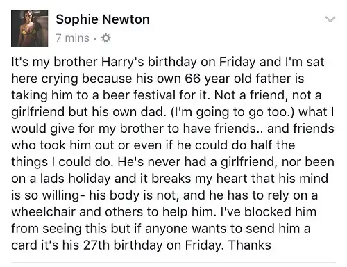 Model Sophie Newton's Facebook post about brother's birthday