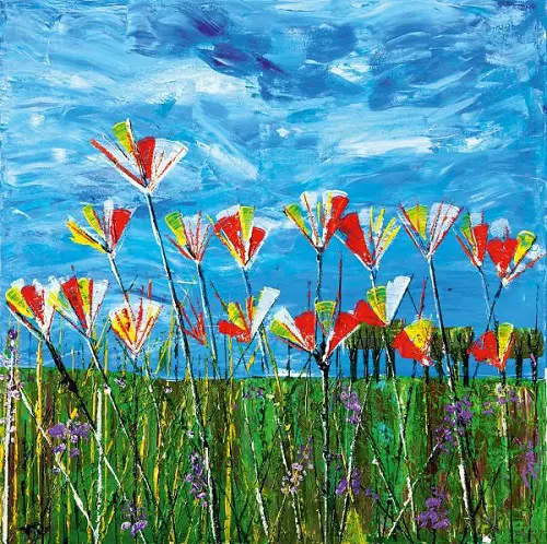 Disabled artist Tom Yendell's painting of flowers in field
