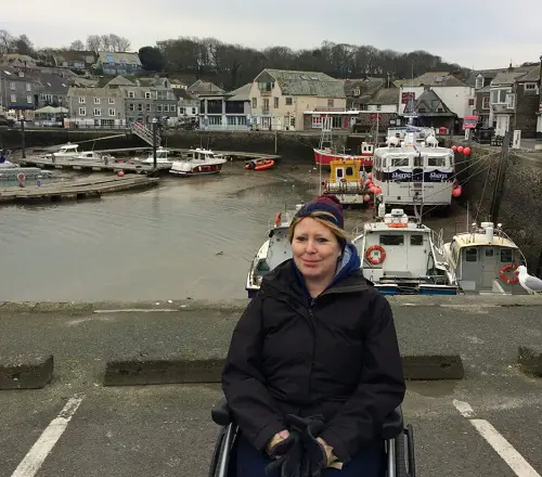 Bridget in her wheelchair at Padstow Harbour