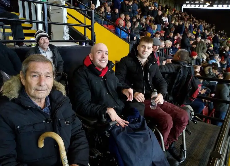 Cherries fans and wheelchair users Jim Lumber, Nick Bishop, Joe Heaton and Rob Trent at Watford v AFCB football game