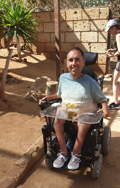 Wheelchair user Martyn Sibley at a zoo in Tenerife with Limitless Travel