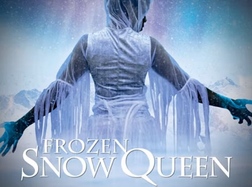 Poster for Frozen Snow Queen with woman in white from behind in snowy scene
