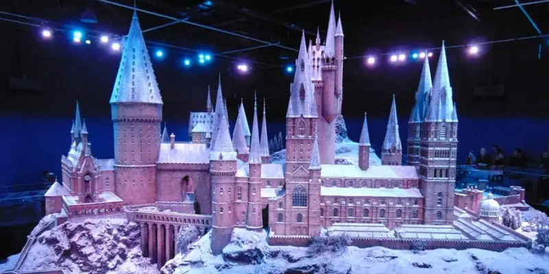 Model of Hogwarts castle covered in snow at Harry Potter Studio Tour London
