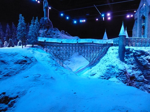Model of Harry Potter manor covered in snow at Universal