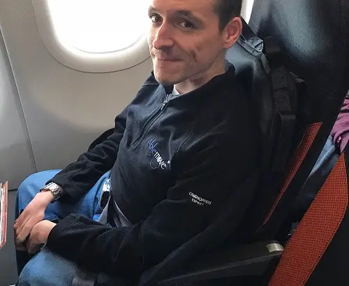 Josh Wintersgill in EasyTravelseat sat in an airoplane