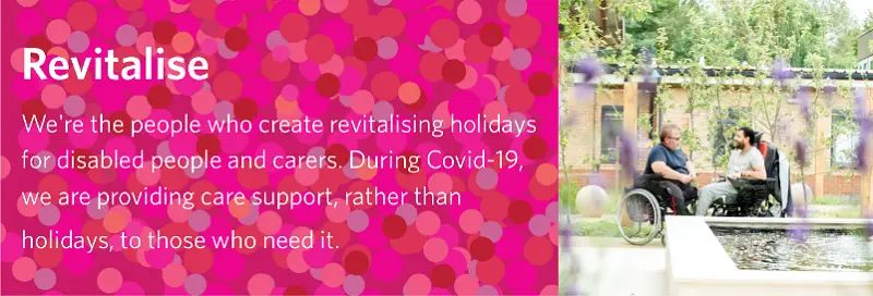 Pink graphic with word Revitalise next to an image of two disabled people in a garden