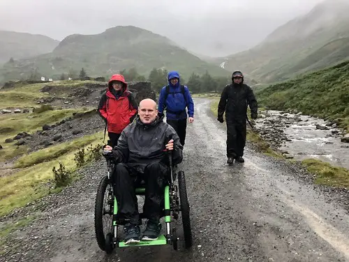 David Needham on his Mountain Trike all-terrain wheelchair doing the Three Peaks Challenge in Yorkshire