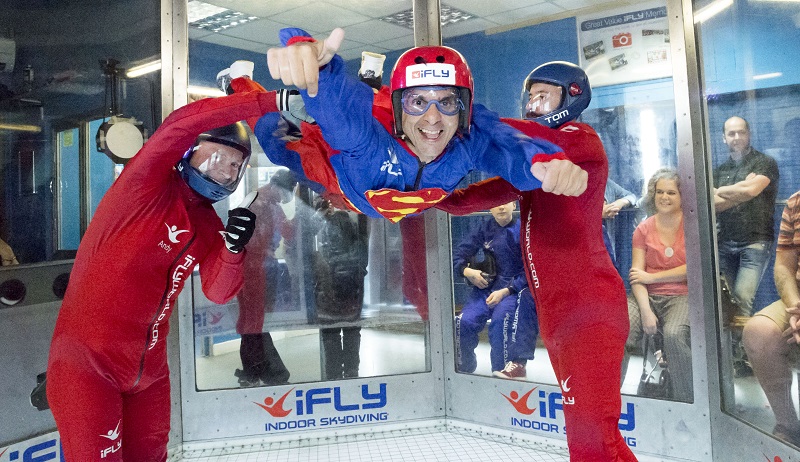 Disabled man indoor skydiving at Revitalise accessible holiday