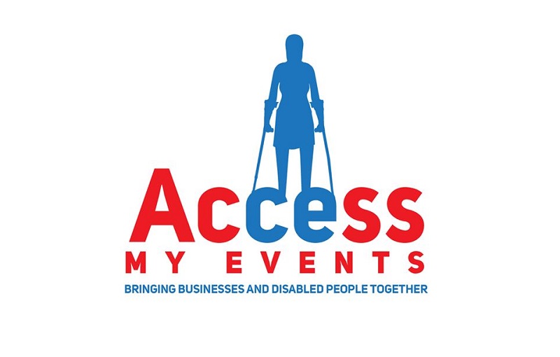 Access My Events logo in red and blue with sillohette of a disabled woman behind the words