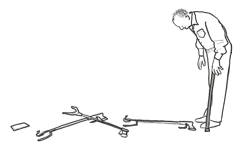 Cartoon of a disabled man using a stick trying to bend down to pick up lots of crutches
