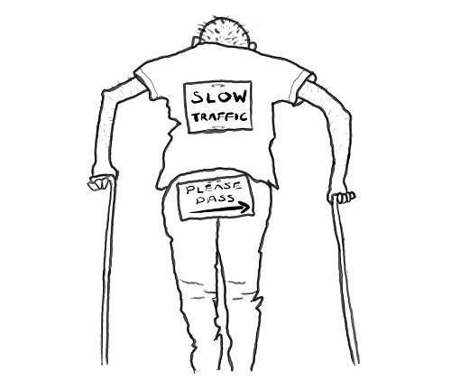 Cartoon of the back of a man using walking sticks with signs on him saying please pass and slow traffic