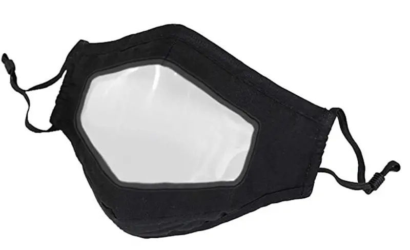 Black lip-reading face mask with clear plastic centre