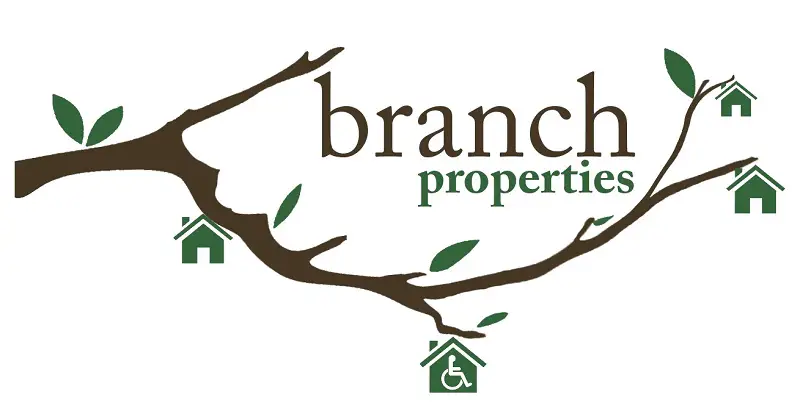 Branch Properties logo with a branch and house and wheelchair logo hanging from them