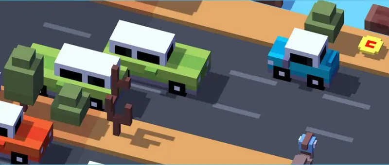 Crossy Road game showing an animated road with cars