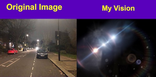 Two images, one showing a street with cars and street lights and the other black with light spots