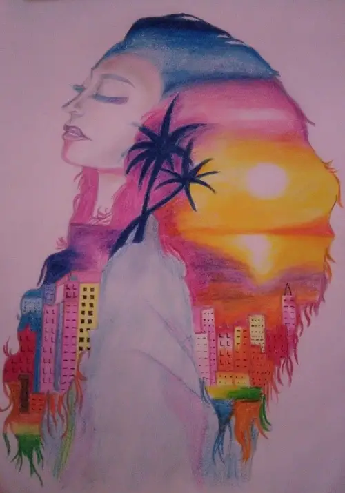 Artwork by disabled artist Ahanjit Biswas showing light pink paper with a woman viewed from the side with rainbow hair and a silhouette of high-rise buildings