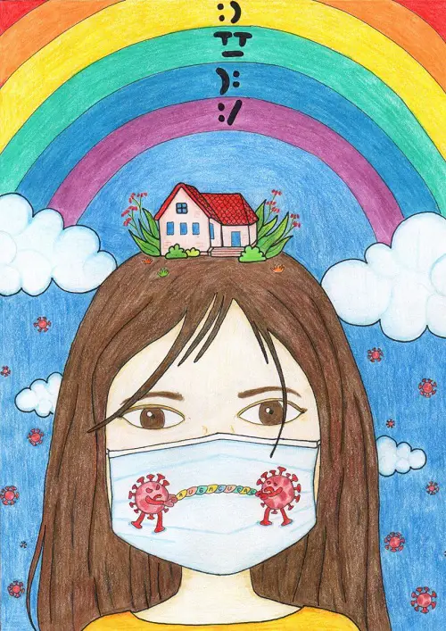Artwork by disabled artist Tri Iva Fitriani showing a colour drawing of a girl with brown hair wearing a face mask with virus particles on it and a house on the top of her head with a blue sky in the background and rainbow over her head