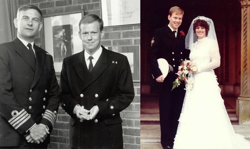 Black and white image of Allen Parton in the Navy and a colour image of Allen Parton with his wife Sandra on their wedding day