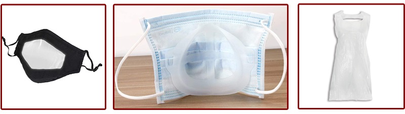 One images showing three products for the Disability Horizons Shop - a lip-reading face mask, face mask breathing insert to make it easier to breath and extra thick plastic apron