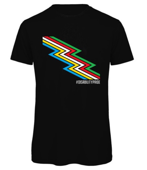 Disability Pride black T-shirt with words under a lightening bolt in rainbow colours
