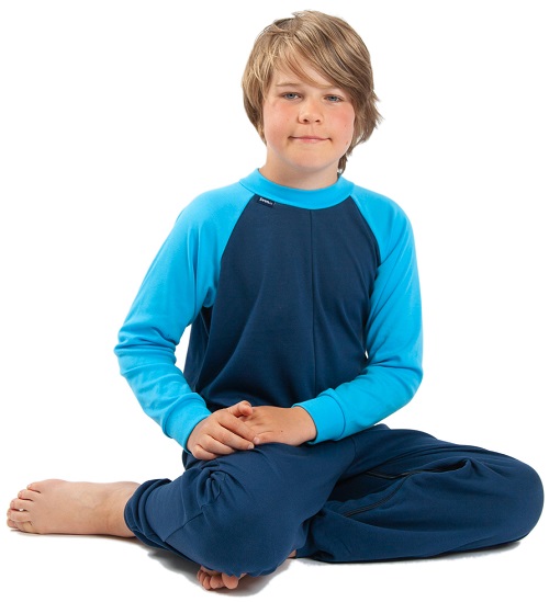 Boy wearing Seenin zip back sleepwear in blue