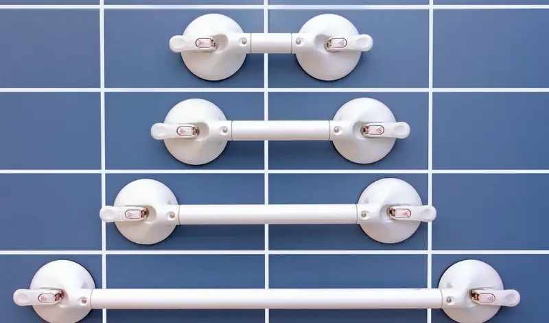 Four different sizes of Mobeli grab rails stuck onto a wall with smooth blue tiles