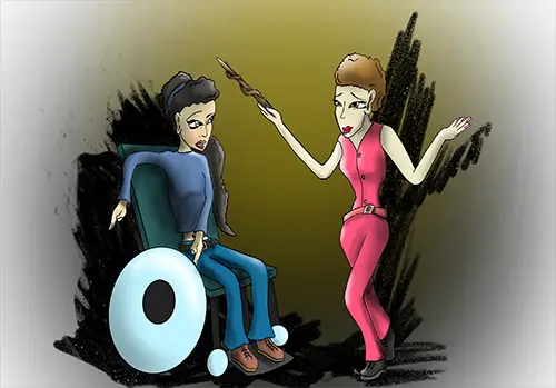 Cinderellla modern illustration - girl with black hair is in a futuristic wheeelchair talking to fairy god mother