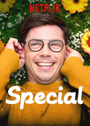 Netflix Original series Special showing a man lying on grass with a yellow jumper and glasses