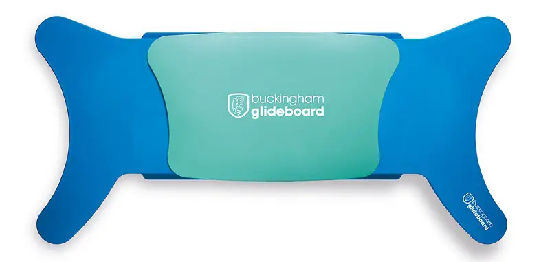 Blue Glideboard transfer aid with a teal gliding seat