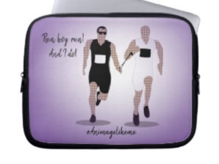 Diversity Designs laptop cover showing a blind man running with his sighted guide
