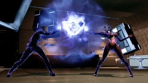 Samara fighting Morinth in Mass Effect Legendary game