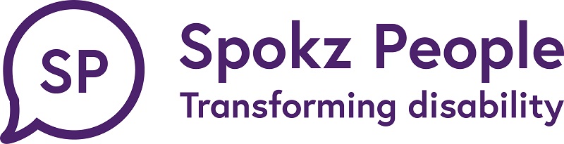 Spokz People logo with the words transforming disability next to a speech bubble and the letters SP