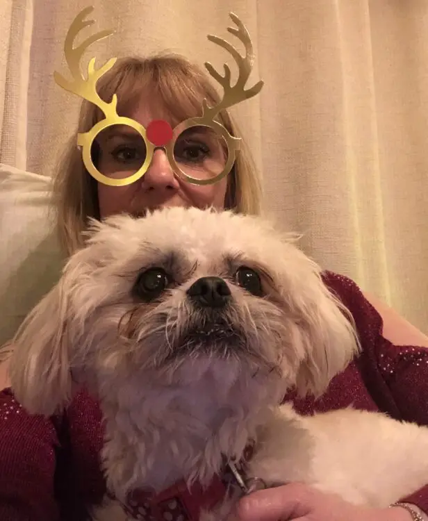 Emma Shepherd with reindeer glasses on and her dog sat on her lap