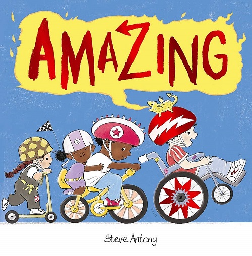 Amazing children's book cover with an illustration of a young boy in a wheelchair with his friends following behind