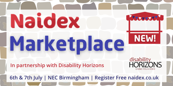 A logo for the Disability Horizons Marketplace showing an illustration of a red stall with blue and white bunting