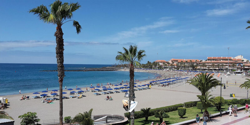 Playa de las Vistas in Tenerife - a stretch of the beach viewed from the street with lots of blue lounge chairs, palm trees lining the street and buildings in the distance. The sea is cool blue and the sand is almost white