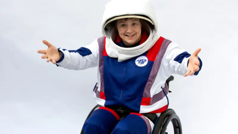 Jess Thom in a space suit 