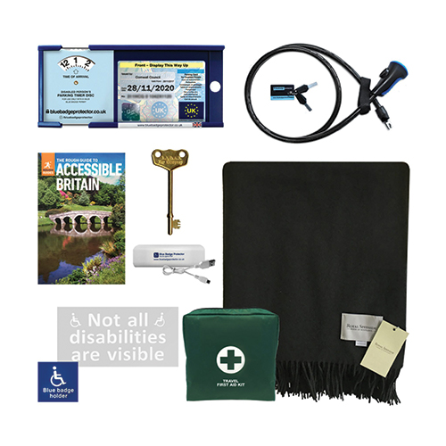 Images of travel accessories for disabled people including, blue badge wallet holder blue badge secure lock, accessible Britain book, radar key, not all disabilities are visible sticker, first aid kit and a scarf 