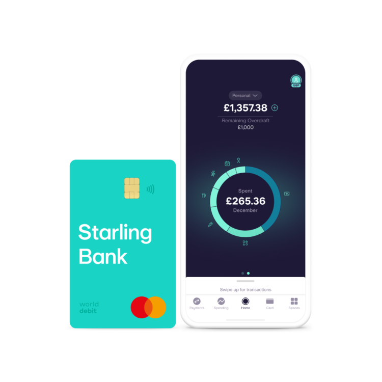 A turquoise Starling Bank card next to a mobile phone with the Starling Bank app on screen displaying an easy-to-read balance in a circle with sections showing where money has been spent