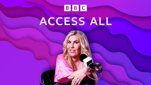 BBC news Access All podcast with image of Nikki Fox sitting with a microphone in front of her