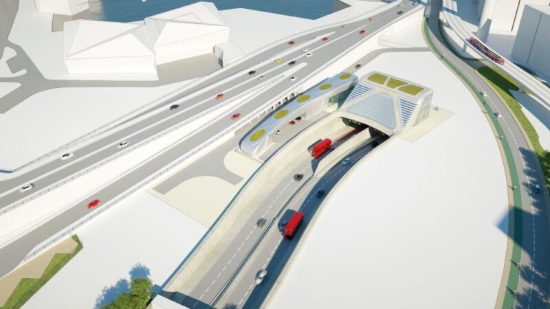 A computer generated image of what the entrance to the Silvertown Tunnel will look like, with red London buses travelling through it