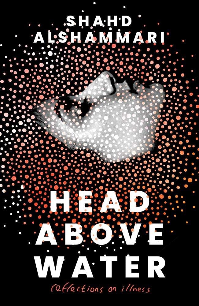 Book cover for Head Above Water by Shahd Alshammari featuring a black and white image of a woman's face pointing upwards surrounded by pink dots