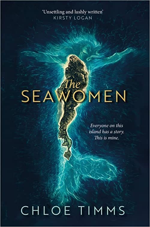 Book cover for The Seawoman by Chloe Timms featuring a mermaid-like silhouette on a merry, watery blue background