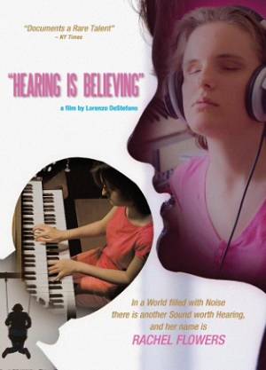 Bind musician and composer Rachel Flowers in the top right-hand corner with headphones on in front of a microphone. Below to the left is an image Rachel playing the piano. At the top are the words Healing Is Believing., a film by Lorenzo DeStefano
