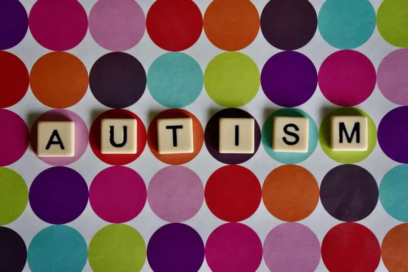 The word autism with each letter on cream scrabble tiles. All on a multicoloured circle background arranged in rows.