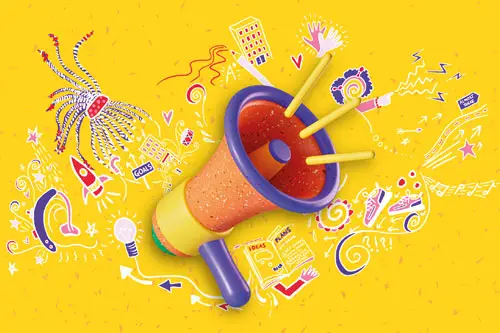 A colourful megaphone surrounded by colour objects as sounds on a yellow background